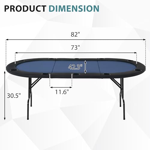 COCO DESIGN 10-Player Foldable Poker Table with Cup Holders & Top, 84 Inch Waterproof Casino Table for Blackjack, Poker Night, Folding Card Game Table for Home, Parties, Indoor Outdoor, Blue