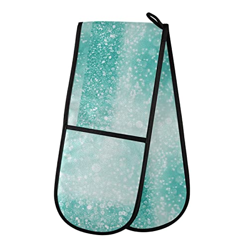 Teal Green Glitter Sparkle Confetti Turquoise Aqua Mint Diamonds Double Oven Mitt Gloves Extra Long Potholder High Heat Resistant for Baking Cooking Baking Grilling Handling Hots Pans 35"x7"