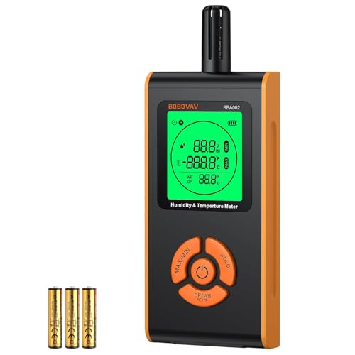 BOBOVAV Temperature Humidity Meter 4 in 1 Psychrometer with Ambient Temperature Relative Humidity Dew Point and Wet Bulb Backlight Min/Max and Data Hold Hygrometer for HVAC Indoor Basement
