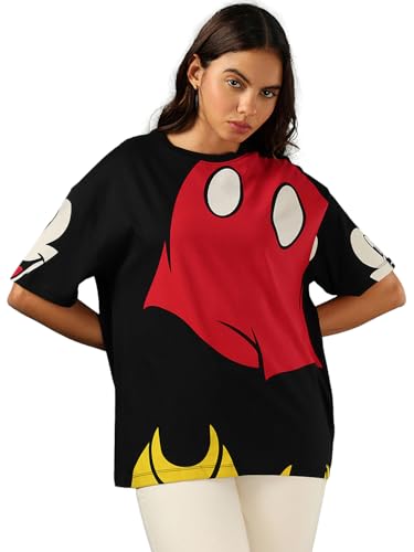 Image of Bewakoof X Disney Mickey Women's 100% Cotton Graphic Print Oversized Fit Half Sleeve Round Neck T-Shirt | Casual wear | Streetwear | Oversized Tshirt for Woman Cotton| Baggy
