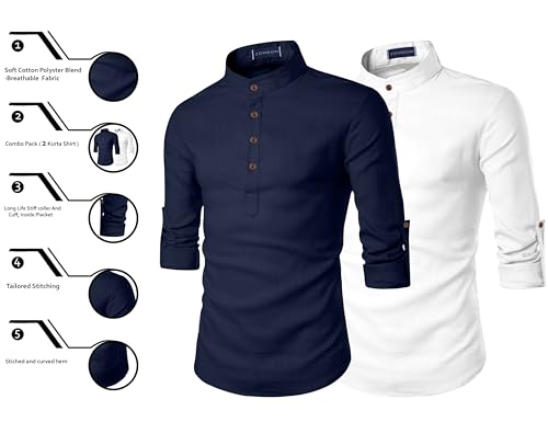 Image of Zombom Men's Combo Cotton Polyester Blend Solid Full Sleeve Straight Regular Fit Mandarin /Chinese Collor Kurta (Pack of 2)