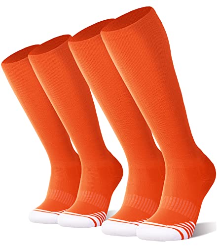 FITRELL 2 Pack Baseball Soccer Softball Socks for Youth Men & Women Over-the-Calf Knee High Socks Sports Tube Orange Medium