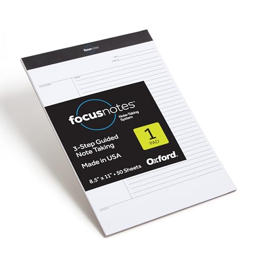 Oxford FocusNotes Writing Pad, Clear Note-Taking System, 8.5 x 11 Sheets, Guided Note, Cue & Summary Sections, 50 Sheets, Professional School and Office Notepad, Proudly Made in the USA