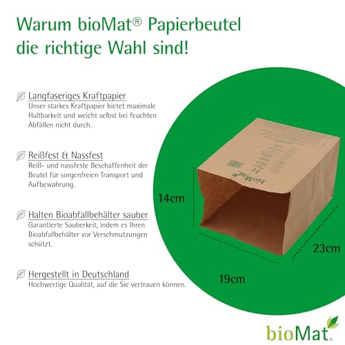 bioMat Kompostierbare 7l Biomülltüten aus Papier, 160 Biomüllbeutel aus Kraftpapier, Nassfest, Doppelter Boden, Made in Germany