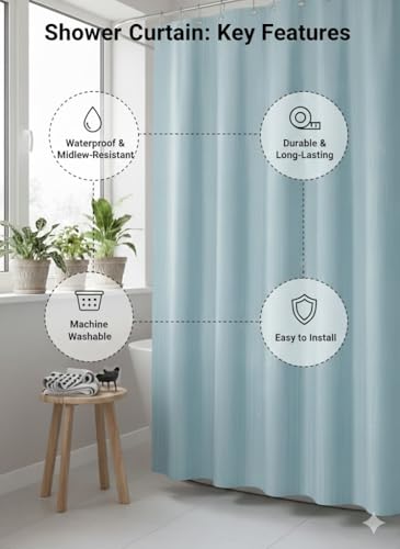 Image of CASA-NEST Polyvinyl Chloride Self Lining Design Shower Curtain with 8 Hooks (4.5feet x 8feet), (54x96 Inches), Sky Blue. Waterproof CS Lining008