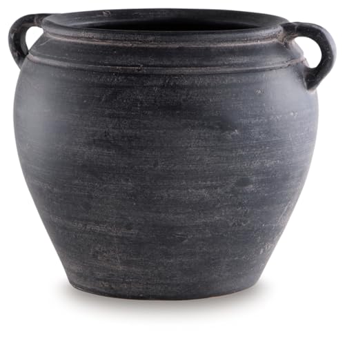 Signature Design by Ashley Meadie Casual Indoor Distressed Terra Cotta Vase with Wide Mouth and Handle, Black