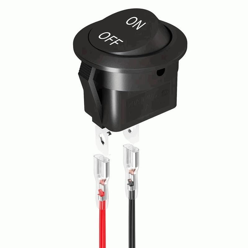 Interruptor Redondo Basculante, Interruptor de encendido/apagado, Interruptor ON/OFF con cable, Interruptor SPST, Diámetro agujero montaje 20 mm, 6A/250V 10A/125V, 2 pines con cable, Negro