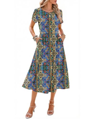 Image of Zeagoo Womens Summer Dresses Casual Aline Midi Dress Short Sleeve Floral Tshirt Dress Flowy Beach Sundresses with Pockets