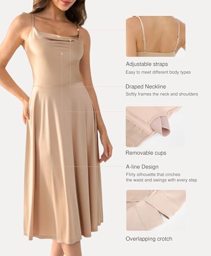 Image of Popilush Corset Midi Dress with Built in Bra, A Line Shapewear Dress | Tea Parties, Daytime Weddings, Garden Events and Semi Formal Occasions