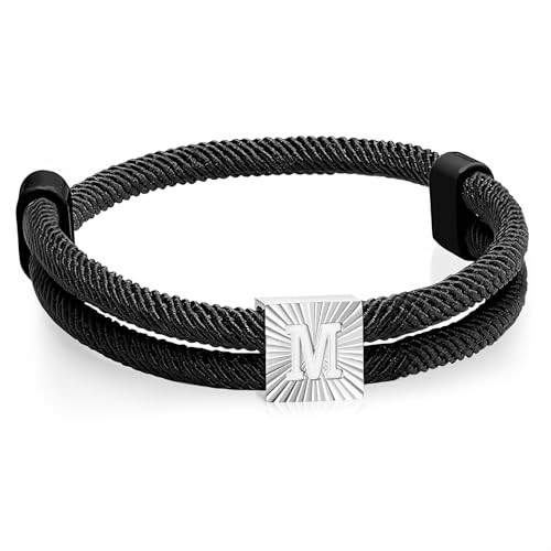 Segeltau Armband Herren mit Buchstaben Surferarmband - Schwarz Segler Nylon Surf Armbänder mit Initial A-Z Buchstabe, Verstellbares Surfer Armband Geschenke für Männer Junge Geburtstag, M