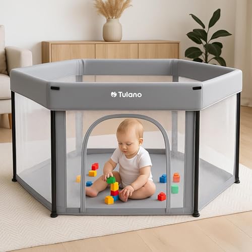 Tulano Cozy 30 Reise-Laufstall Baby faltbar 125x66 cm – Kompakter Kinderlaufstall mit Boden – Netzseiten – Reißverschluss-Tür – rutschfeste Füße – Tragetasche – Indoor & Outdoor – 6–36 Monate - Grau