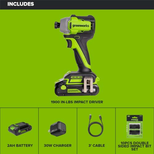 Image of Greenworks 24V Brushless Cordless Impact Driver (1900 in-lbs.), 1 /4 inch Hex Collet, 2.0Ah(12,000mAh Power Bank) USB-C Battery, 30W USB-C Charger & 3FT Braided Cable, 10PC Double-Sided Impact Bit Set