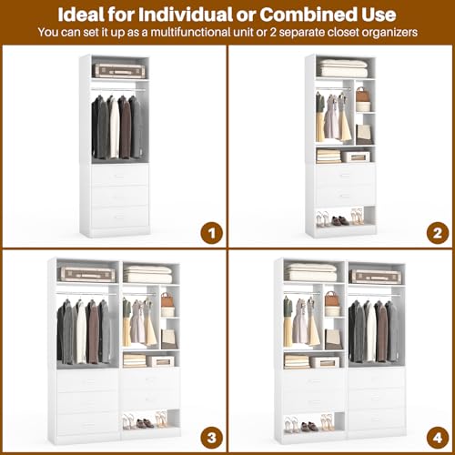 Besiost 4FT Closet Systems with 5 Wood Drawers, 48 Inch Closet Organizer System with 2 Hanging Rods & 7 Shelves, Heavy Duty 48" Walk-in Closet , White (48"L x 15" W x 80" H) - Image 6