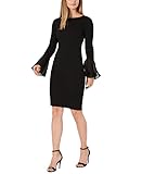 Boat neckline Sheath silhouette Exposed back zipper Long sleeves with chiffon bell sleeves and button detail Designed to fit and flatter 5'4" and under frame Polyester/spandex; lining & chiffon: polyester