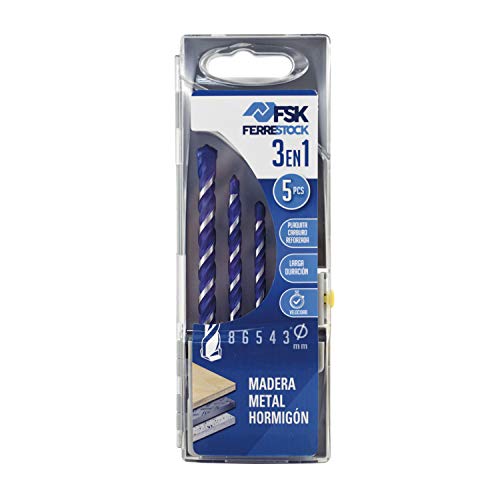 Ferrestock FSKBRC103 set de 5 brocas multisuperficie 3en1, punta con plaquita de carburo reforzado y diseño especial, 3/4/5/6 y 8mm