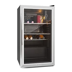 Klarstein Beersafe – Minibar, Mini-Kühlschrank, Getränkekühlschrank, leise, 42 dB, Edelstahl, Flaschenkühlschrank mit Glastür, 5-stufiger Temperaturregler, Bierkühlschrank 85 Liter, Silber-schwarz