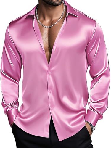 Barry.Wang Herrenhemden, langärmelig, Stretch, einfarbig, Knopfleiste, Satin-Hemden, formell, lässig, Business, Hochzeit, Party, hellrosa, 3XL