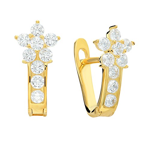 Sterling Silver Flower Huggie Hoop Earrings with Cubic Zirconia for Girls (Sterling Silver Gold-tone)