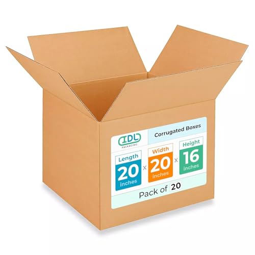 Extra Large Shipping &amp; Moving Boxes 20"L x 20"W x 16"H (20-Pack) - Extra Strength 200 lb vs Regular - Corrugated Packing Boxes for Moving - Packing Box - Large Box for Packaging by IDL Packaging