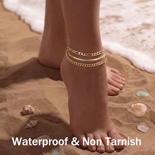 Image of DEARMAY Gold Anklets for Women Waterproof, Non Tarnish14K Gold Plated Ankle Bracelets Set Stack, Summer Beach Jewelry Gifts for Vacation, Bikini Outfits for Women Mom Her