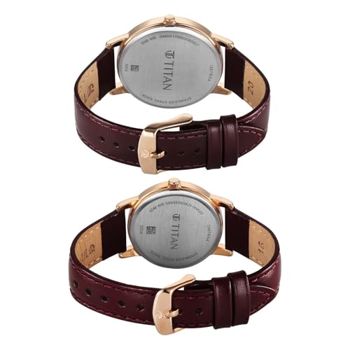 Image of Titan Bandhan Eternal Pair Analog with Date and Maroon Dial Maroon Leather Strap Watch for Couples - 19672967WL01