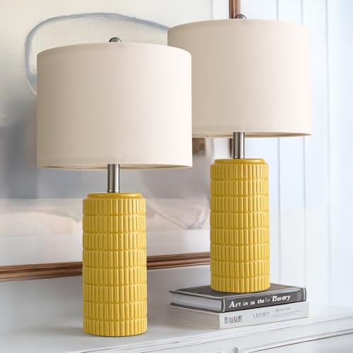 Image of PoKat 23 inch Yellow Table Lamps Set of 2, Modern Living Room End Table Lamps Decor, Ceramic Lamps for Living Room, Contemporary Nightstand Lamps for Side Console Table Hallway Gift