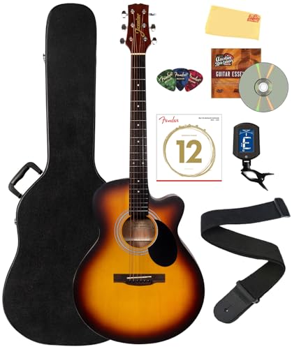Jasmine S34C Orchestra Acoustic Guitar - Sunburst Bundle with Case, Tuner, Strings, Strap, Picks, Austin Bazaar Instructional DVD, and Polishing Cloth