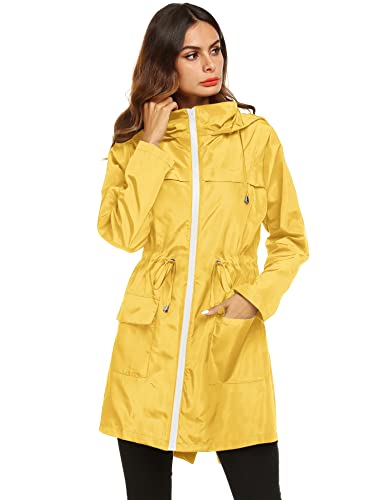 LOMON Womens Lightweight Waterproof Rain Jacket Active Outdoor Hooded Raincoat with Drawstring Belt Yellow M - Thumbnail 2