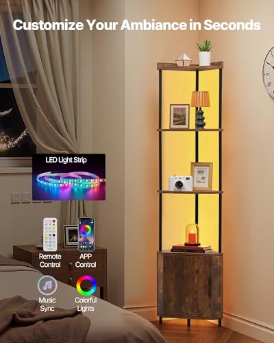 Image of VEVOR 5 Tier Corner Shelf with LED Light, 65.4 inch Tall Corner Bookshelf with Storage Cabinet, Display Shelf with Multi-Color Lights Controlled Via RC /APP for Bedroom, Living Room, Office