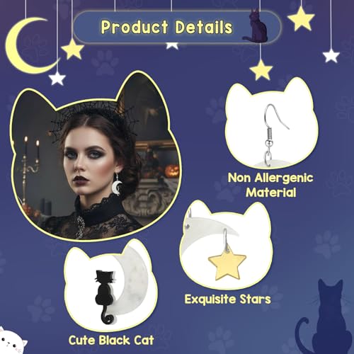 Joyline Gothic Halloween Earrings for Women Cute Black Cat Moon Star Acrylic Dangle Earrings Halloween Jewelry Gifts Party Outfit Accessories3