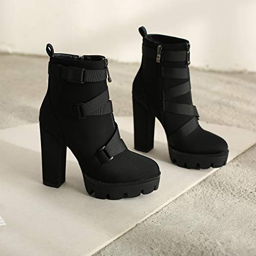 DETOGNI Women's Fashion Platform Block High Heel Booties Buckle Strap Zipper Ankle Boots4