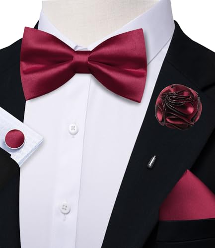 Image of Solid Color Bow Ties for Men Silk Pre-tied Tuxedo Bowtie Set 4PCS | Pre-tied in 3 seconds,adjustable 4PCS bow tie and pocket square cufflinks lapel pin set,wedding,formal,party,prom,graduation