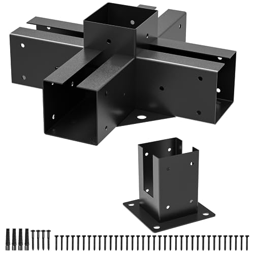 4×4 Pergola Brackets Kit 5 Way Powder Coated Woodworks Corner Brackets 1 Bracket Shoulders 1 Wood Post Base 2PCS Woodwork Pergola Kit Elevated Wood Stand Kit