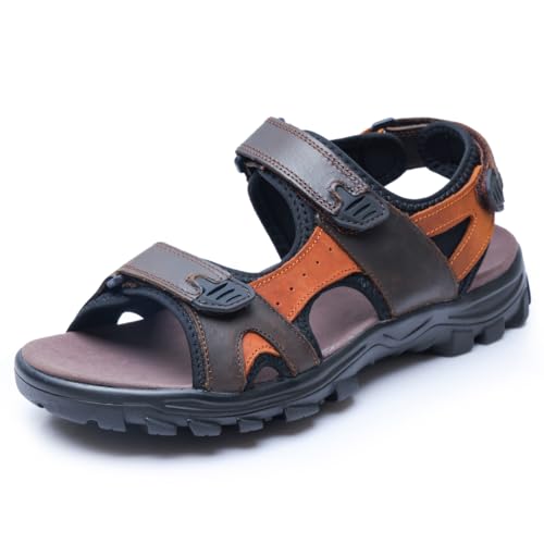 Harssidanzar Mens Leather Sport Sandals Hiking Outdoor Mens Sandals for Summer with Open Toe Adjustable Straps SM260US