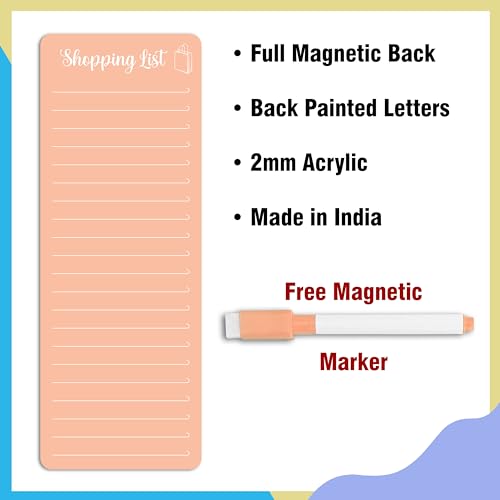 Image of Clickedin Magnetic Shopping List Grocery Fridge Magnet, 10x24 cm Acrylic Board with Marker (Papaya Orange)