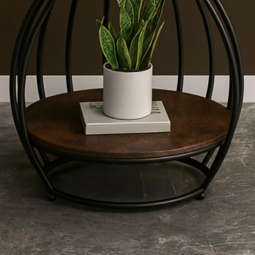 Image of Modern Side Table Corners Living Room Square Table Double Tier Sofa Side Table,Round Base Coffee Table,Portable Bedroom Nightstands Small Space (Black Brown)