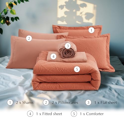 Image of King Size Comforter Set-7 Pieces Burnt Orange Bed in a Bag King Bedding Set | All Season Soft Botanical Textured Comforter Bed set with Sheets, Pillowcases & Shams