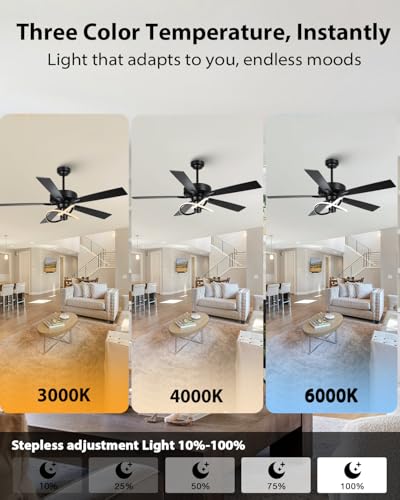 Image of 52 Inch Ceiling Fans with Lights and Remote - Creative Black Modern Ceiling Fan, 3CCT, 6 Speeds, Quiet, Dual-Sided Reversible 5 Blades Indoor Outdoor Chandelier Fan for Bedroom Living Room