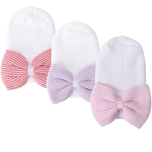 Image of DRESHOW BQUBO Newborn Hospital Hat Infant Baby Hat Toddler Beanie Hats with Big Bow Baby Nursery Caps