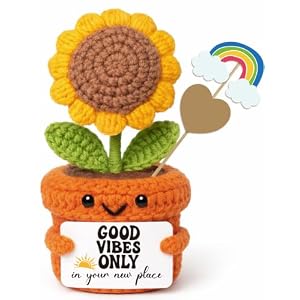 Crochet Sunflower Housewarming Gift – Good Vibes Only in Your New Place – Christmas Stocking Stuffer Positive Affirmation Plush for Friend, Coworker, Roommate, New Home or Office Decor