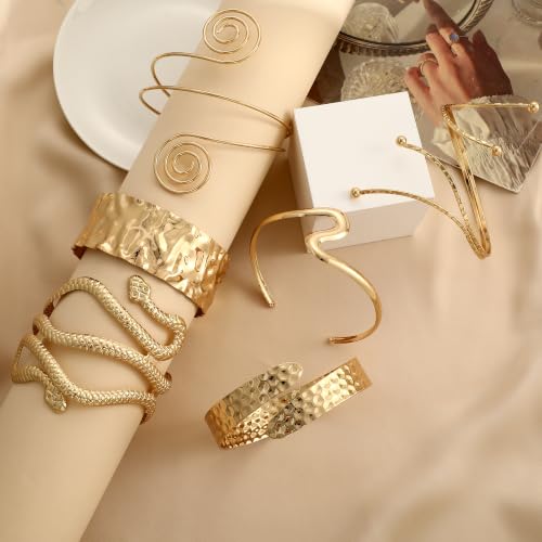 17KM 6PCS Gold Arm Cuff Bracelets for Women, Boho Statement Gold Upper Arm Bangle Band Armlet, Open Adjustable Cuff Bracelet set Stackable Jewelry by 17KM - Used condition - Image 5