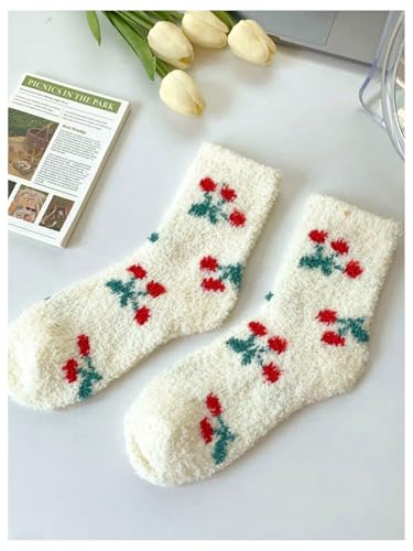 Image of WDIRARA Women's 5 Pairs Cherry Fruit Fuzzy Socks Winter Warm Slipper Socks Cozy Home Sleeping Socks