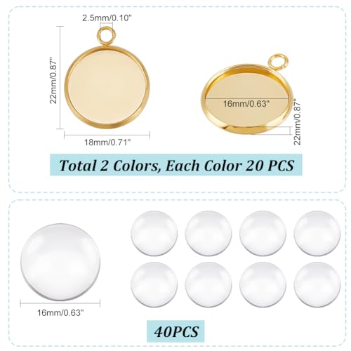 UNICRAFTALE About 40Pcs 2 Colors 304 Stainless Steel Pendant Cabochon Settings Plain Edge Bezel Cups 16mm Tray Flat Round Pendant Making Kit with 40Pcs Transparent Glass Cabochons for Jewelry Making - Image 3