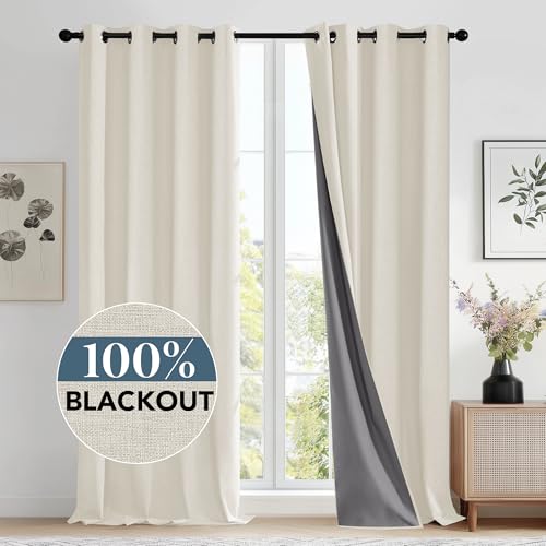 Deconovo Linen 100% Blackout Grommet Curtains for Bedroom and Living Room,Cream,52W x 108L Inch,2 Panels - Thumbnail 2