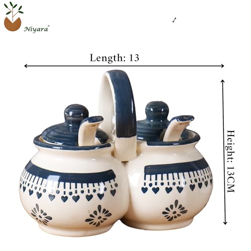 Image of Niyara Multipurpose Storage Ceramic Pickle set Jars & with Lid & tray (Set of 2, 300 ML) (Grey flower design)