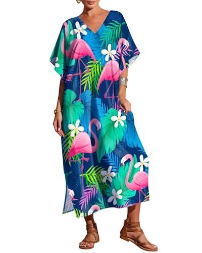 Kaftan Dresses for Women Plus Size Floral Print Moo Moos Caftans Swimsuit Cover up Caftan Maxi Beach Dress Loungewear (Flamingo