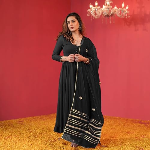 Image of GoSriKi Women's Rayon Viscose Anarkali Solid Kurta with Pant & Dupatta | Soft Comfortable Fabric | Elegant Flared Ethnic Wear Set for Festive Casual Office Daily Use