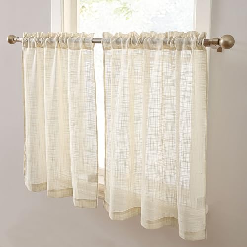 HLC.ME Linda Rod Pocket Cafe Curtain Tiers, 35x24 Inch, Beige, Set of 2