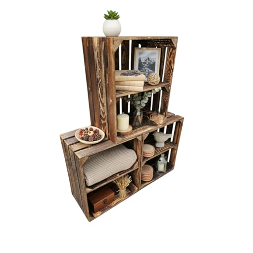 Teramico Holzkisten Obstkisten Weinkisten geflammt dunkel 50 x 40 x 30cm in tollen Set-Angeboten als Regal oder zur Aufbewahrung (3 x Boden Kurz)