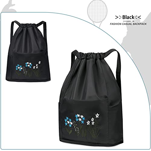 Yitengteng Pull String Backpack,waterproof Nylon Foldable Sports Gym Drawstring Tote Bag Embroidered Flowers Backpack for Women (Black)4